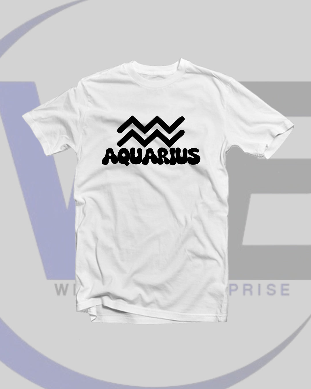 White t-shirt with Aquarius zodiac sign design on a light gray background