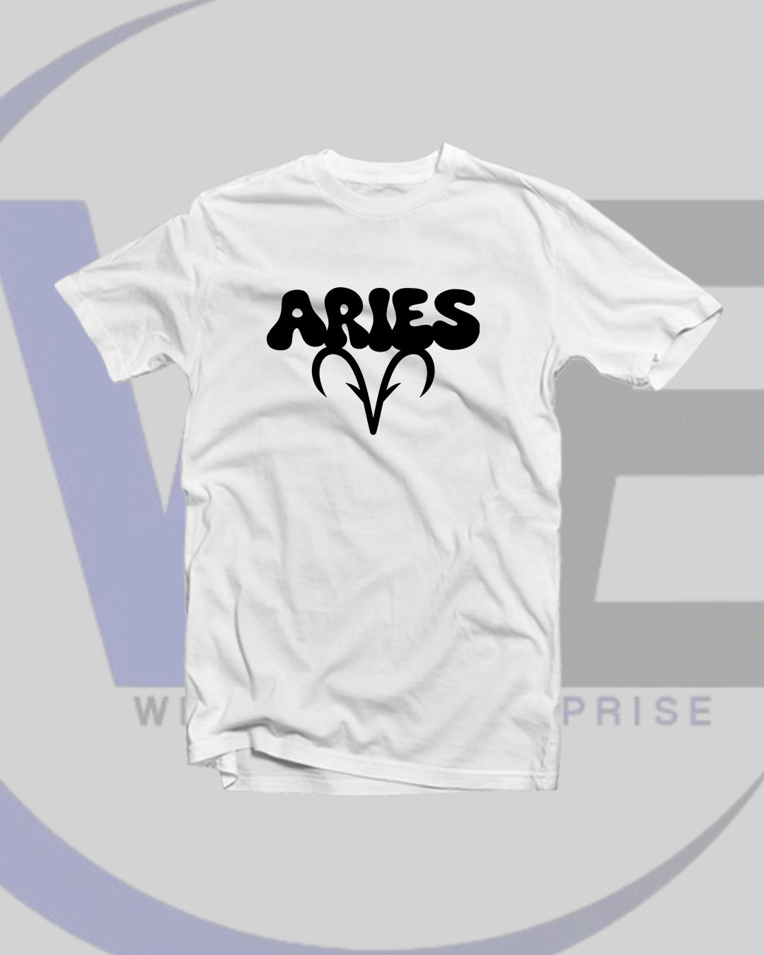 White t-shirt with 'ARIES' text and astrological symbol on a light gray background