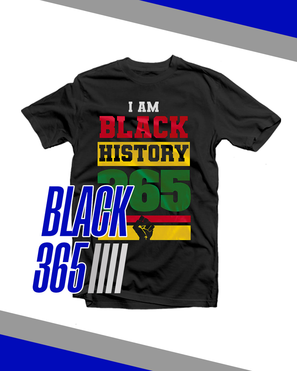 Black t-shirt with colorful text and graphics on a white background