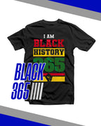Black t-shirt with colorful text and graphics on a white background