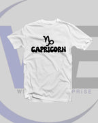 White t-shirt with 'Capricorn' text on a gray background