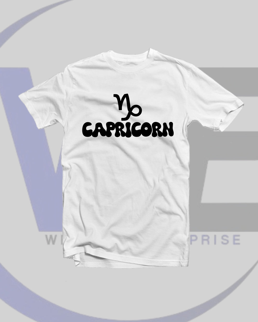 White t-shirt with 'Capricorn' text on a gray background