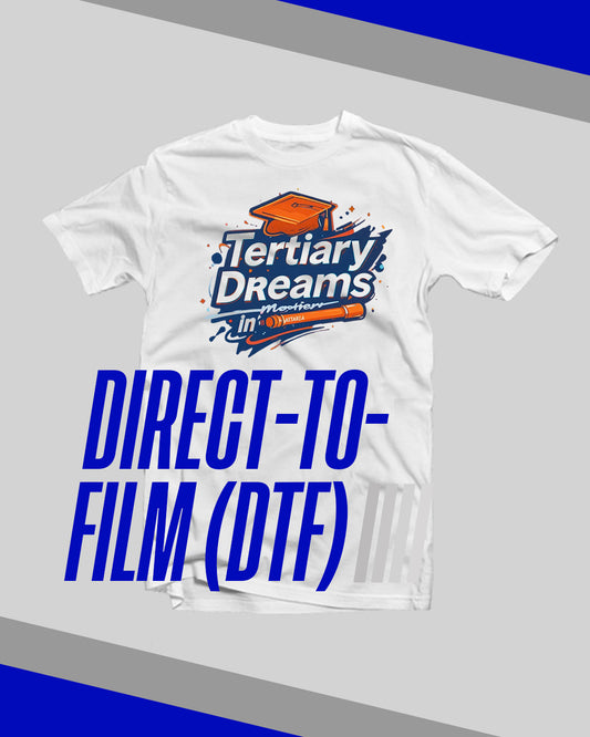 White t-shirt with 'Tertiary Dreams' and 'Direct-to-Film (DTF)' text on a gray background