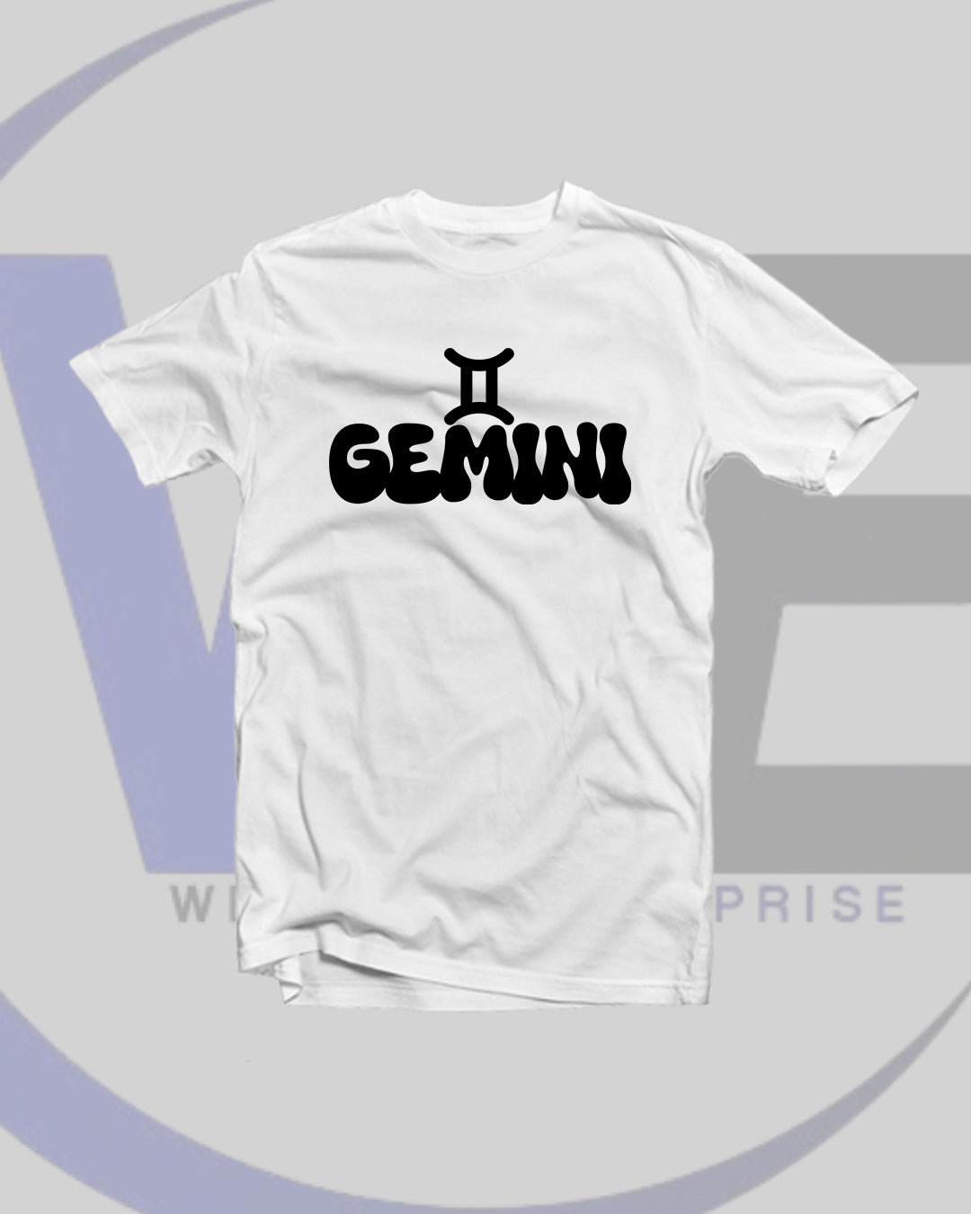 White t-shirt with 'GEMINI' text and zodiac symbol on a light gray background