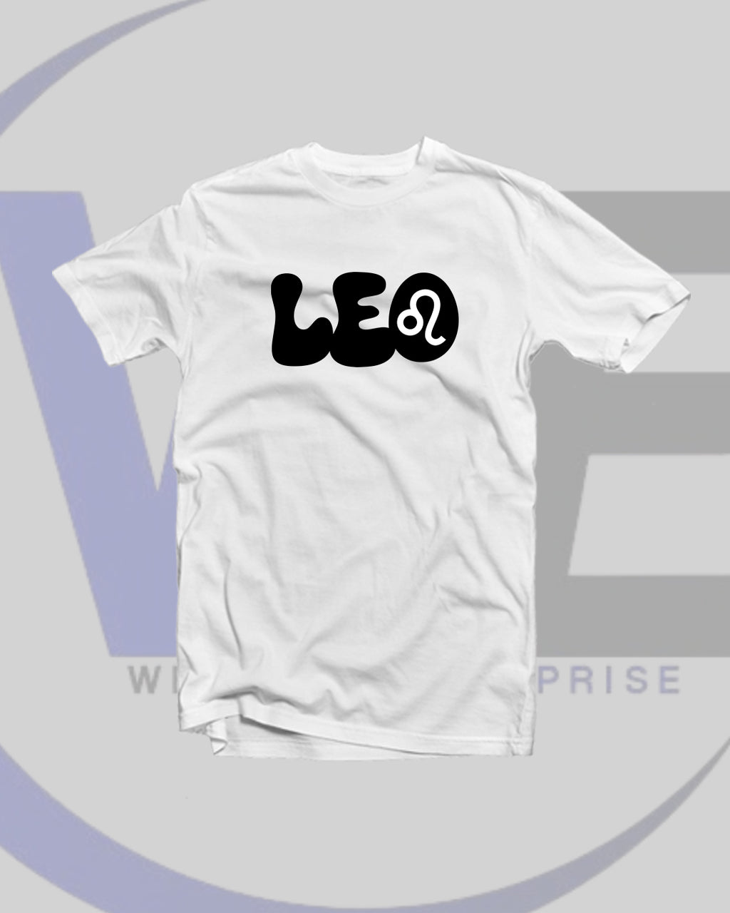 White t-shirt with 'LEO' and a lion symbol on a gray background