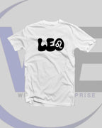 White t-shirt with 'LEO' and a lion symbol on a gray background