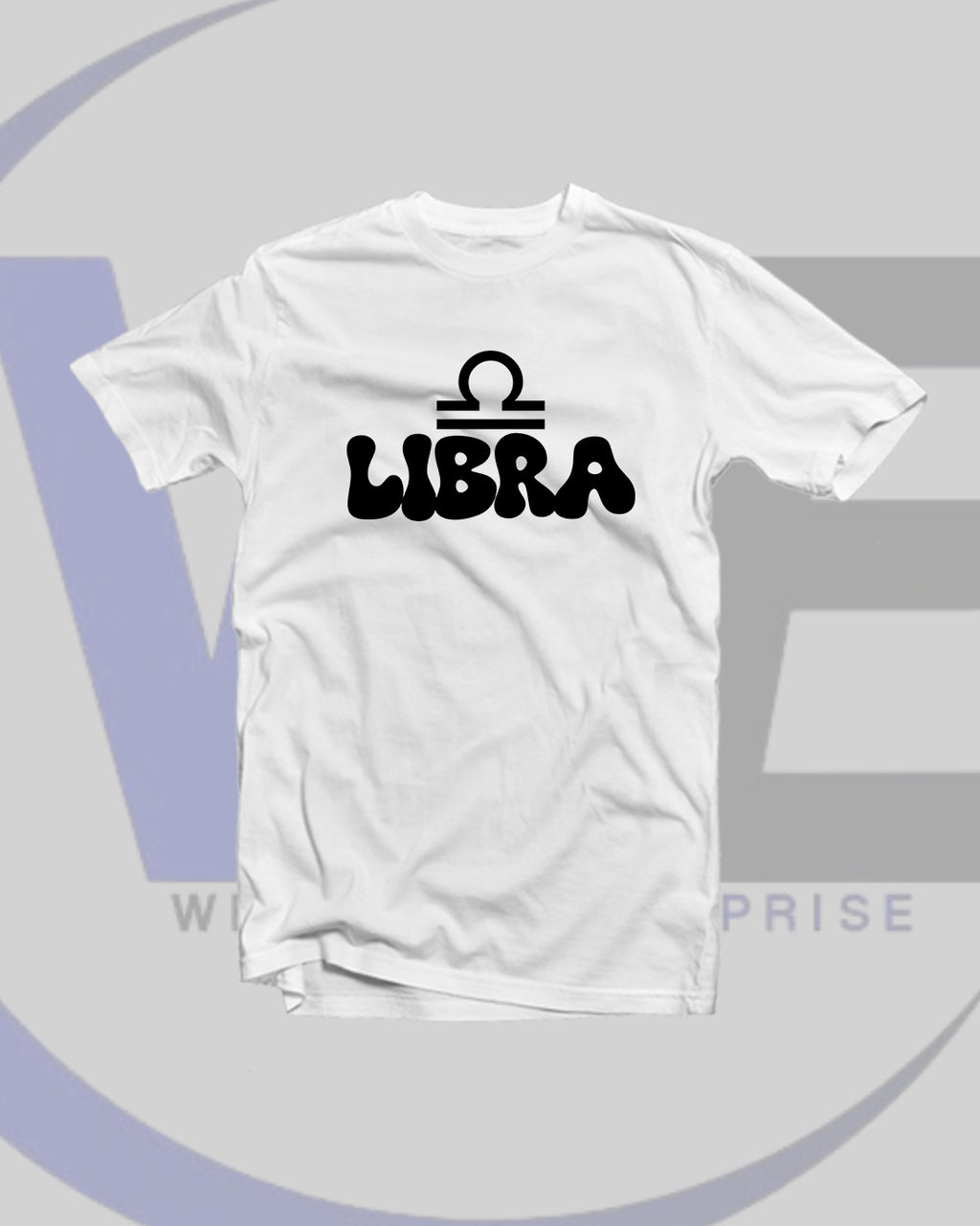 White t-shirt with 'LIBRA' and zodiac symbol on a light gray background