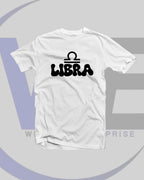 White t-shirt with 'LIBRA' and zodiac symbol on a light gray background