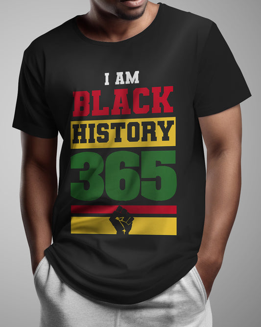 Person wearing a black t-shirt with 'I AM BLACK HISTORY 365' text and a black panther symbol.