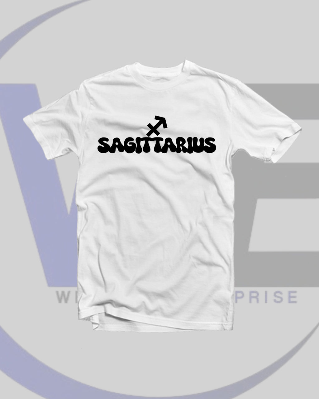 White t-shirt with 'SAGITTARIUS' text on a light gray background