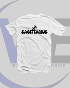 White t-shirt with 'SAGITTARIUS' text on a light gray background