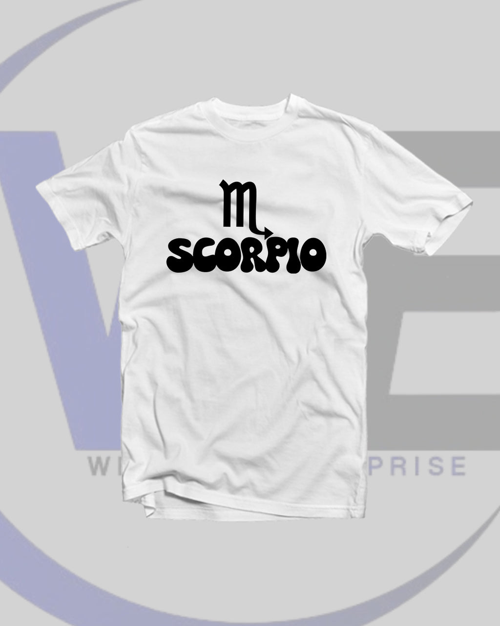 White t-shirt with 'SCORPIO' print on a light gray background