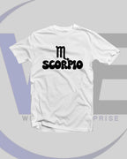 White t-shirt with 'SCORPIO' print on a light gray background