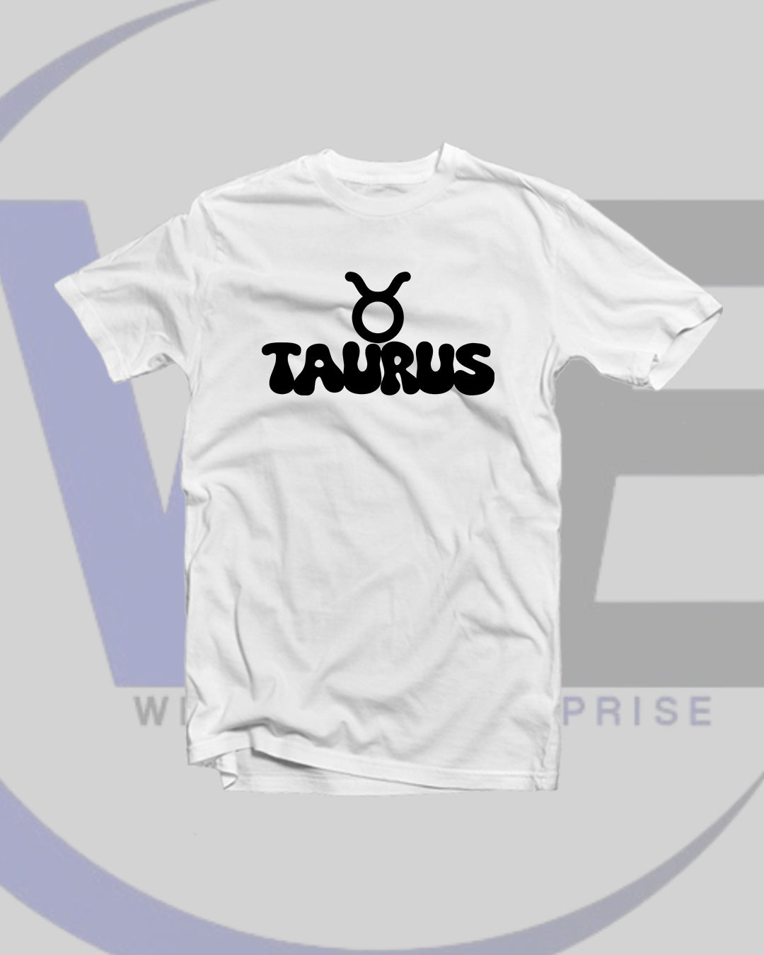 White t-shirt with 'Taurus' text and zodiac symbol on a light gray background