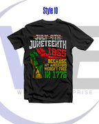 Black t-shirt with Juneteenth text and graphic on a white background