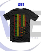 Black t-shirt with 'JUNETEENTH' design featuring stars and stripes on a white background.