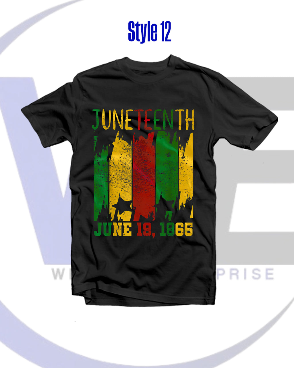 Black t-shirt with Juneteenth design featuring red, yellow, and green colors on a white background.