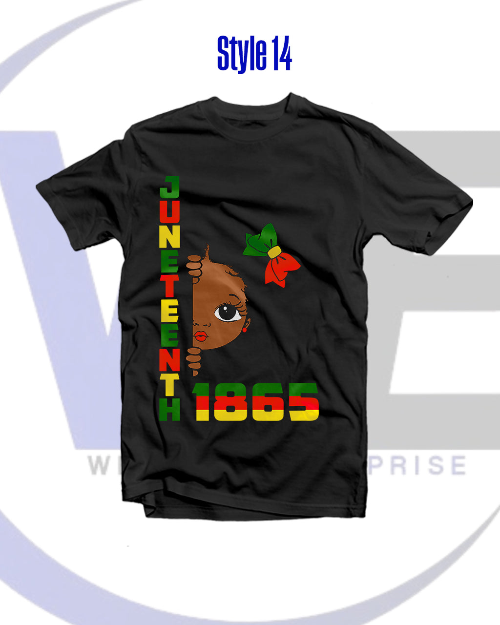 Black t-shirt with Juneteenth 1865 design featuring a child's face and a green bow on a white background.