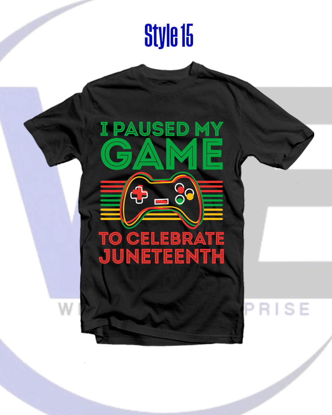 Black t-shirt with colorful text and game controller graphic on a white background
