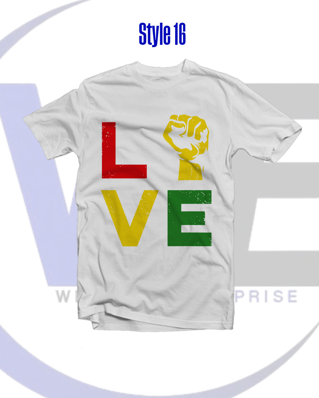 White t-shirt with 'LIVE' in colorful letters and a yellow fist on a white background.