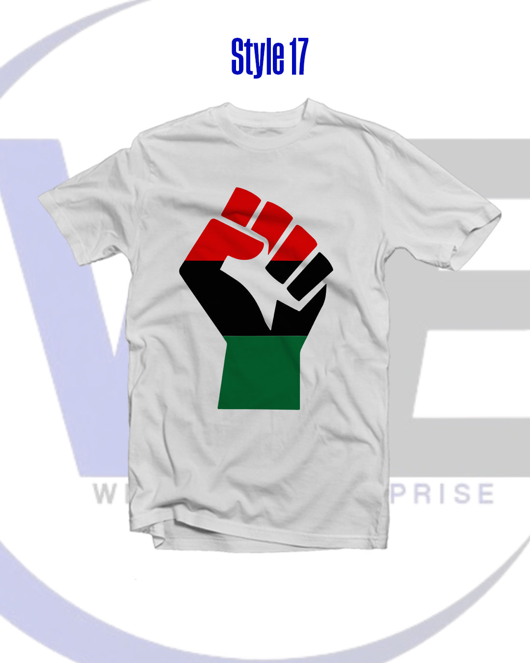 White t-shirt with a black power fist graphic in red, black, and green on a white background.