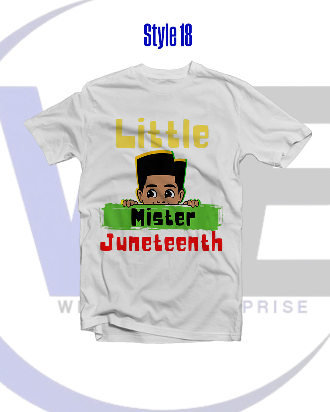 White t-shirt with 'Little Mister Juneteenth' graphic design on a white background
