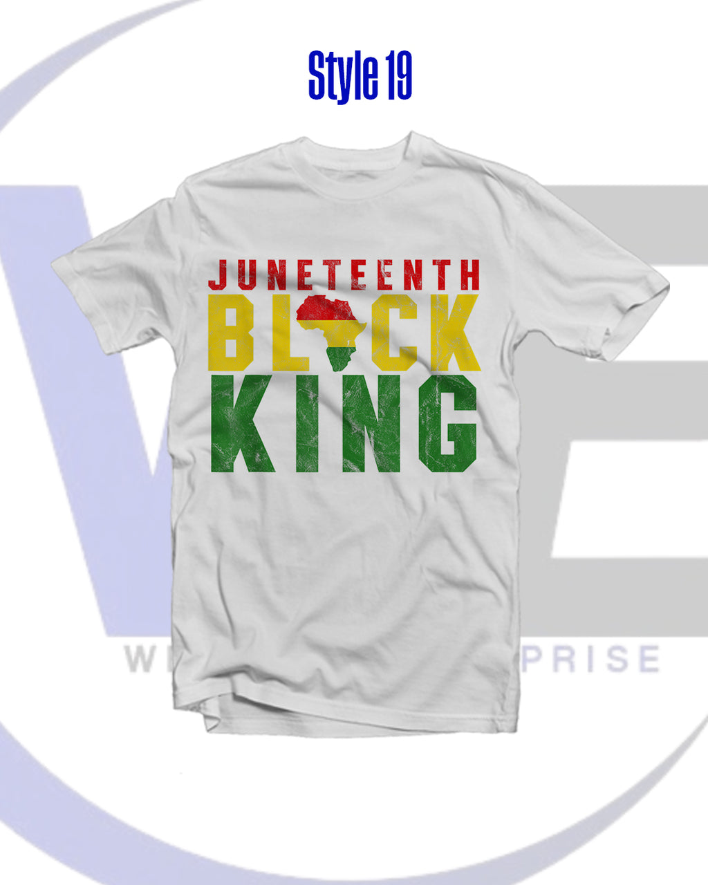 White t-shirt with 'Juneteenth Black King' text and African flag design on a white background