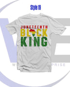 White t-shirt with 'Juneteenth Black King' text and African flag design on a white background