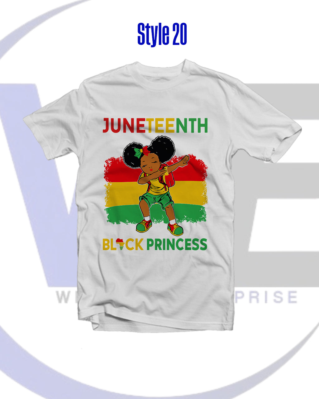 White t-shirt with Juneteenth design featuring a girl and text on a white background