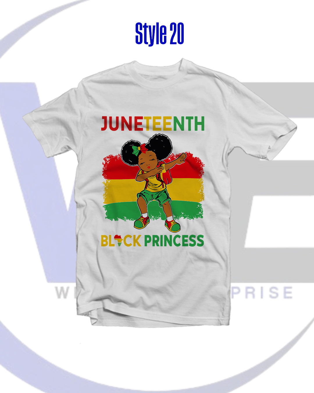 White t-shirt with Juneteenth design featuring a girl and text on a white background