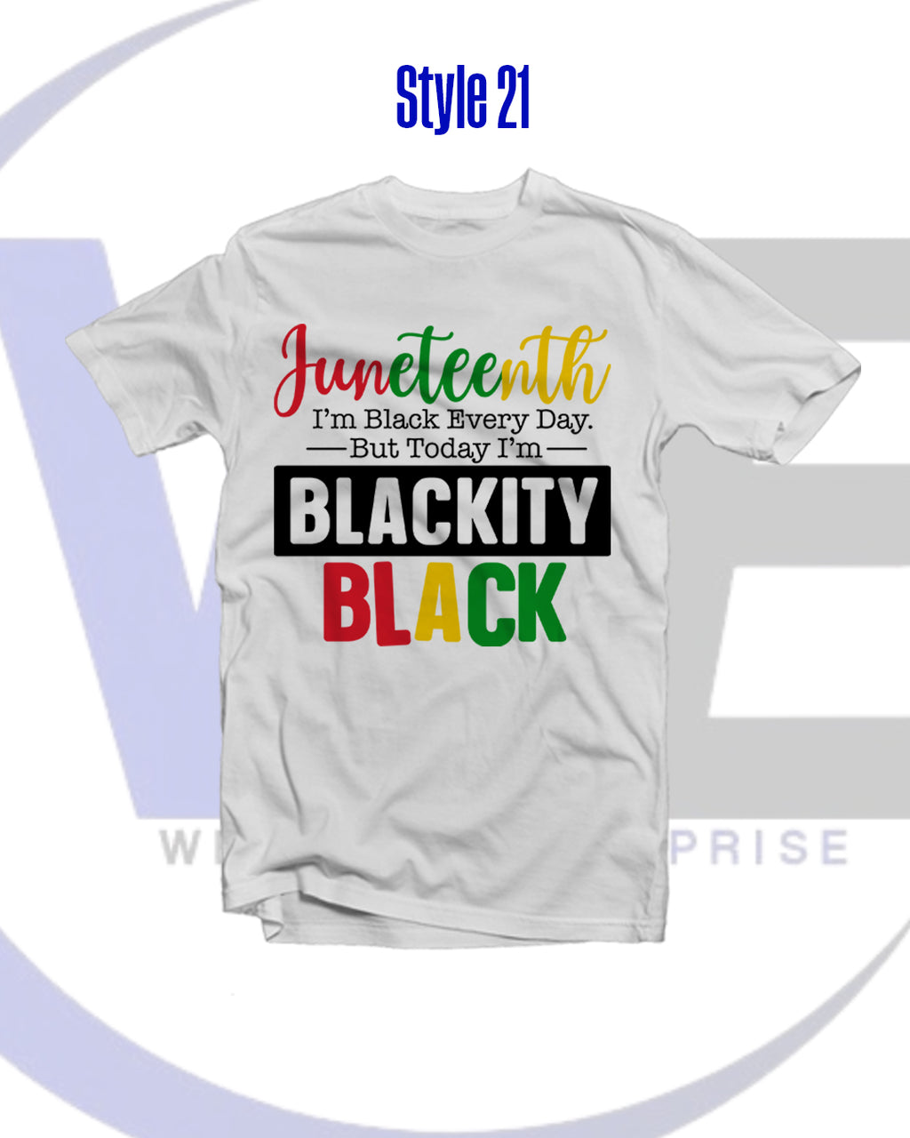 White t-shirt with colorful text design on a white background