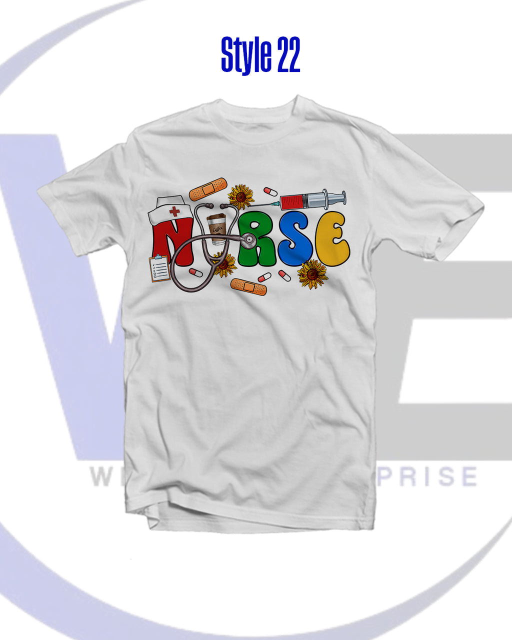 White t-shirt with colorful 'NURSE' text and medical icons on a white background