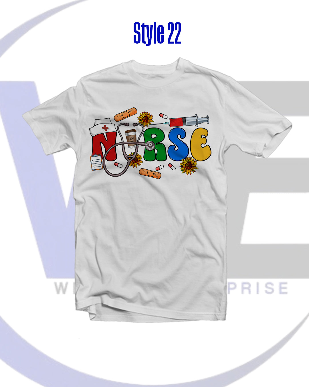 White t-shirt with colorful 'NURSE' text and medical icons on a white background