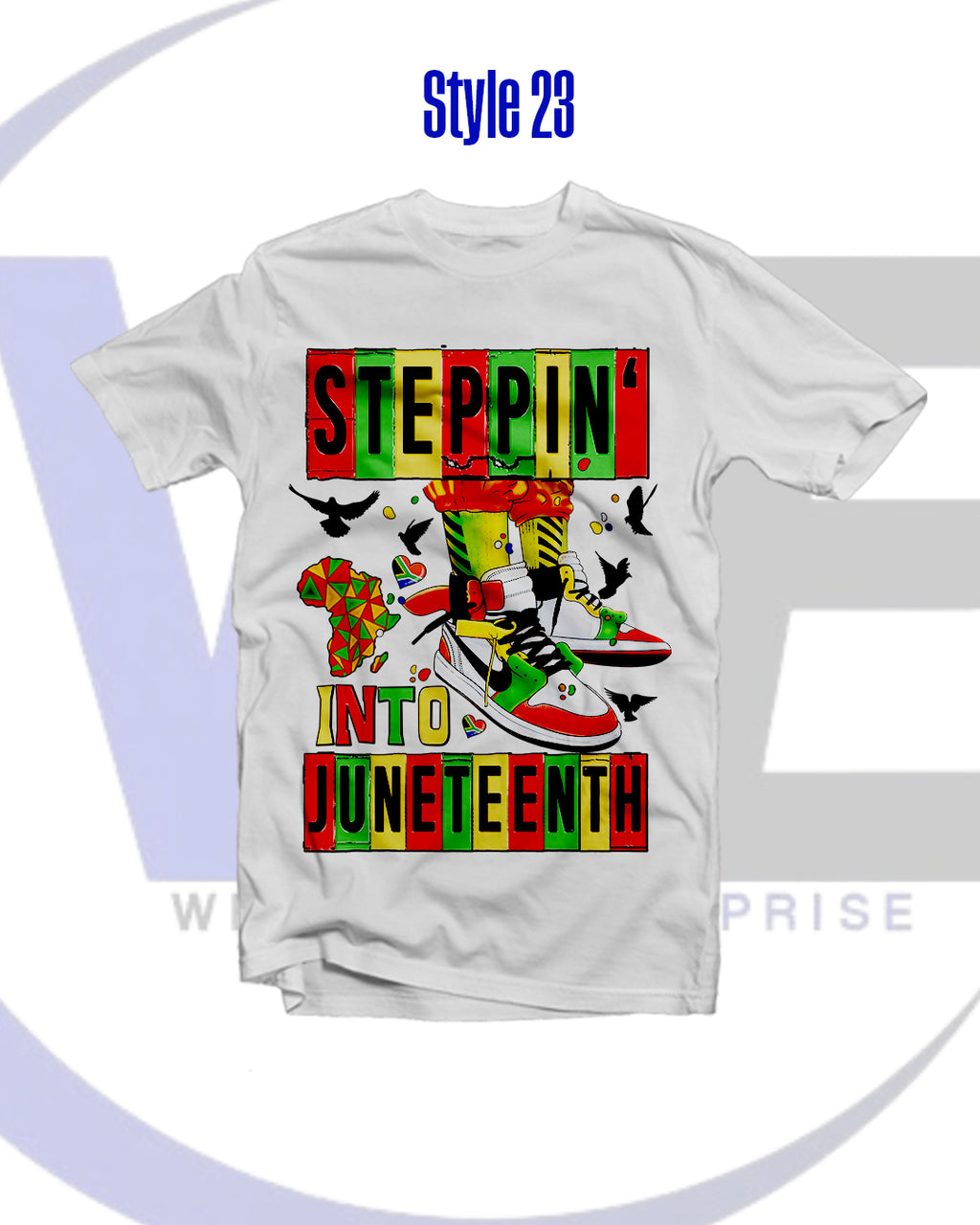 White t-shirt with colorful 'Steppin' into Juneteenth' design on a white background