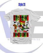 White t-shirt with colorful 'Steppin' into Juneteenth' design on a white background