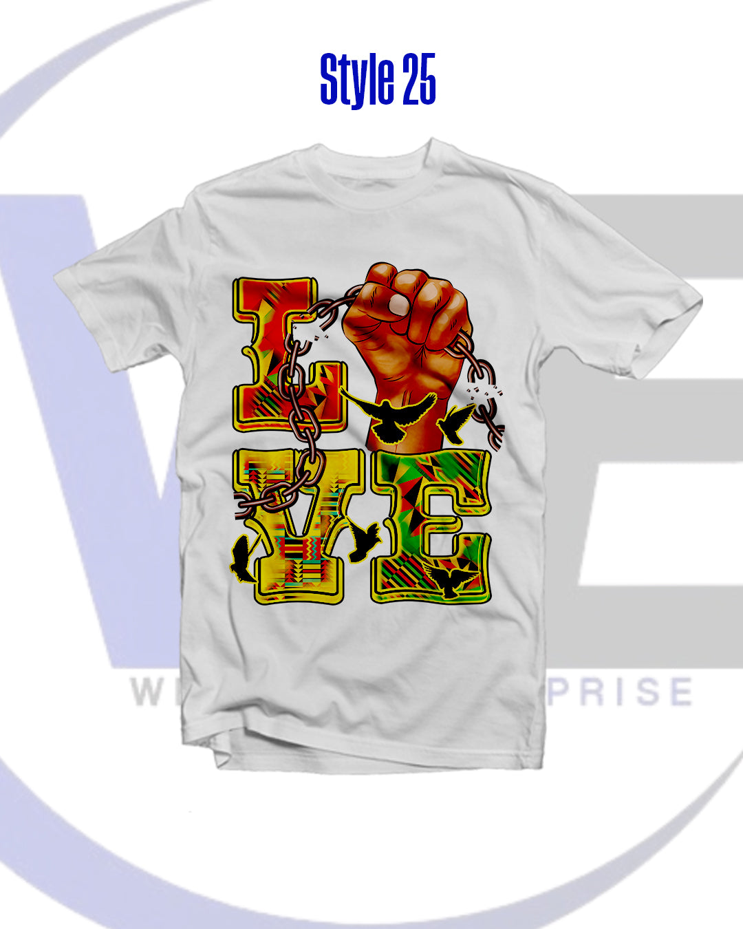 White t-shirt with a colorful graphic design featuring a raised fist and the word 'LOVE'.
