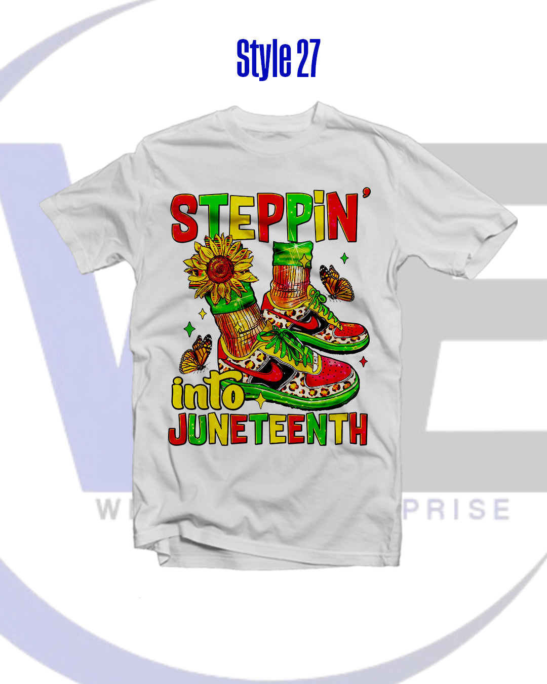White t-shirt with colorful graphic design featuring boots, sunflowers, and text on a white background.