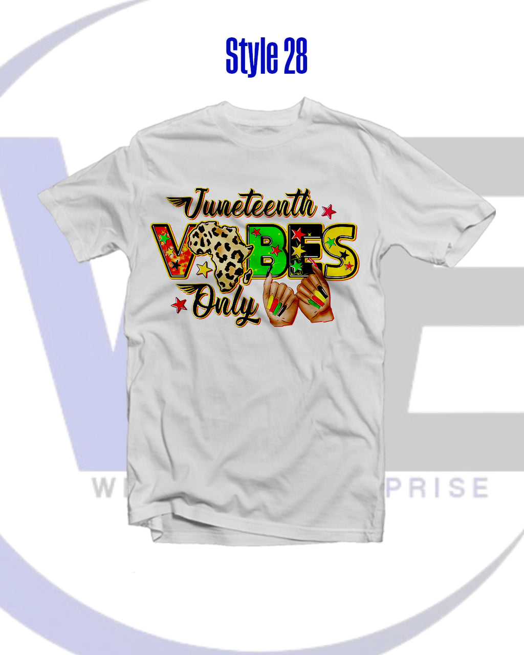 White t-shirt with colorful 'Juneteenth Vibes Only' design on a white background