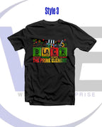 Black t-shirt with colorful text design on a white background