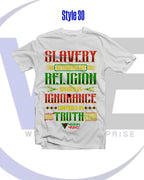 White t-shirt with colorful text and graphics on a white background