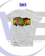 White t-shirt with colorful graphic design on a white background