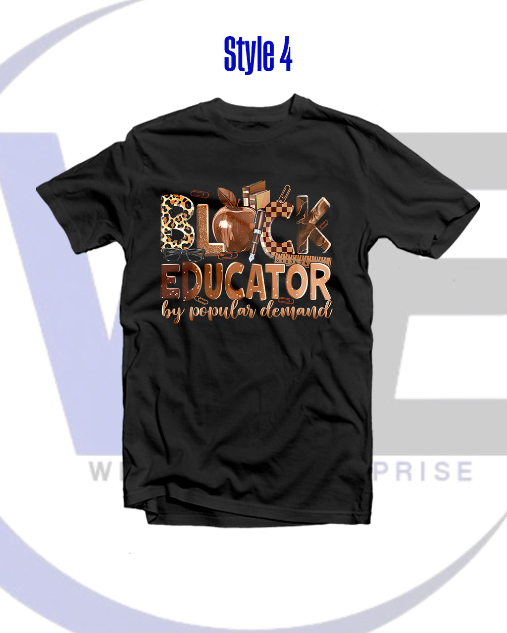 Black t-shirt with 'Block Educator by popular demand' text and graphics on a white background