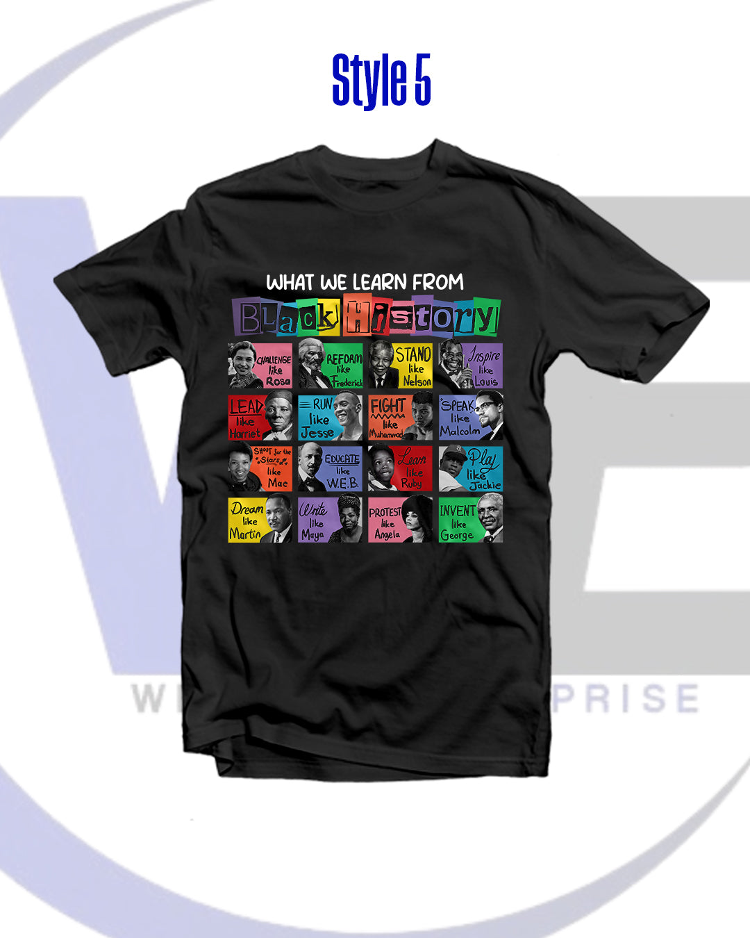 Black t-shirt with colorful graphic and text 'What We Learn From Black History' on a white background.