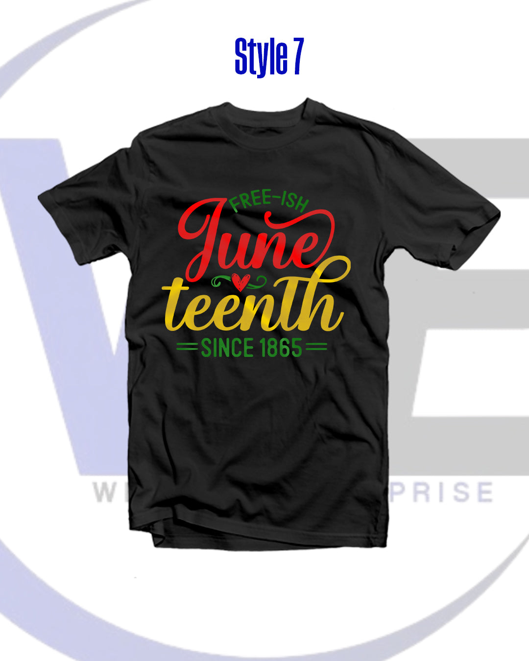 Black t-shirt with colorful 'Juneeteenth' text design on a white background
