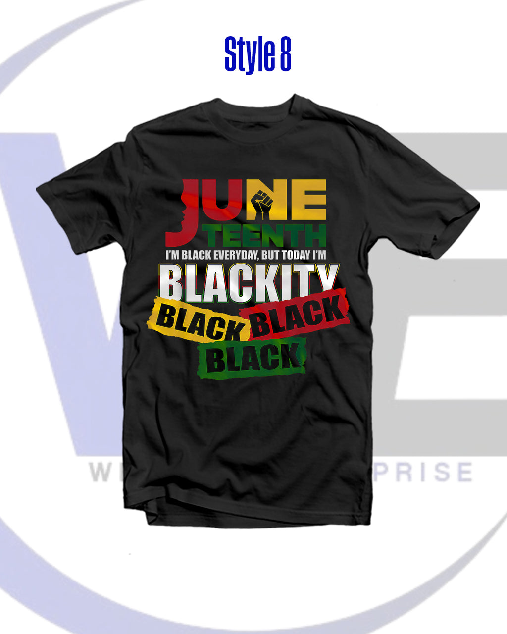 Black t-shirt with colorful text design on a white background