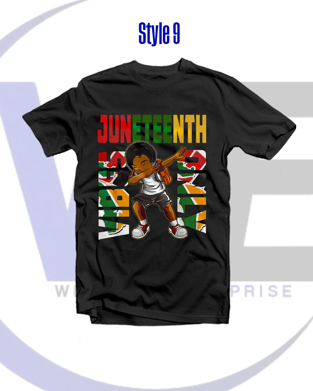 Black t-shirt with 'Juneteenth' graphic design featuring a child and colorful text.