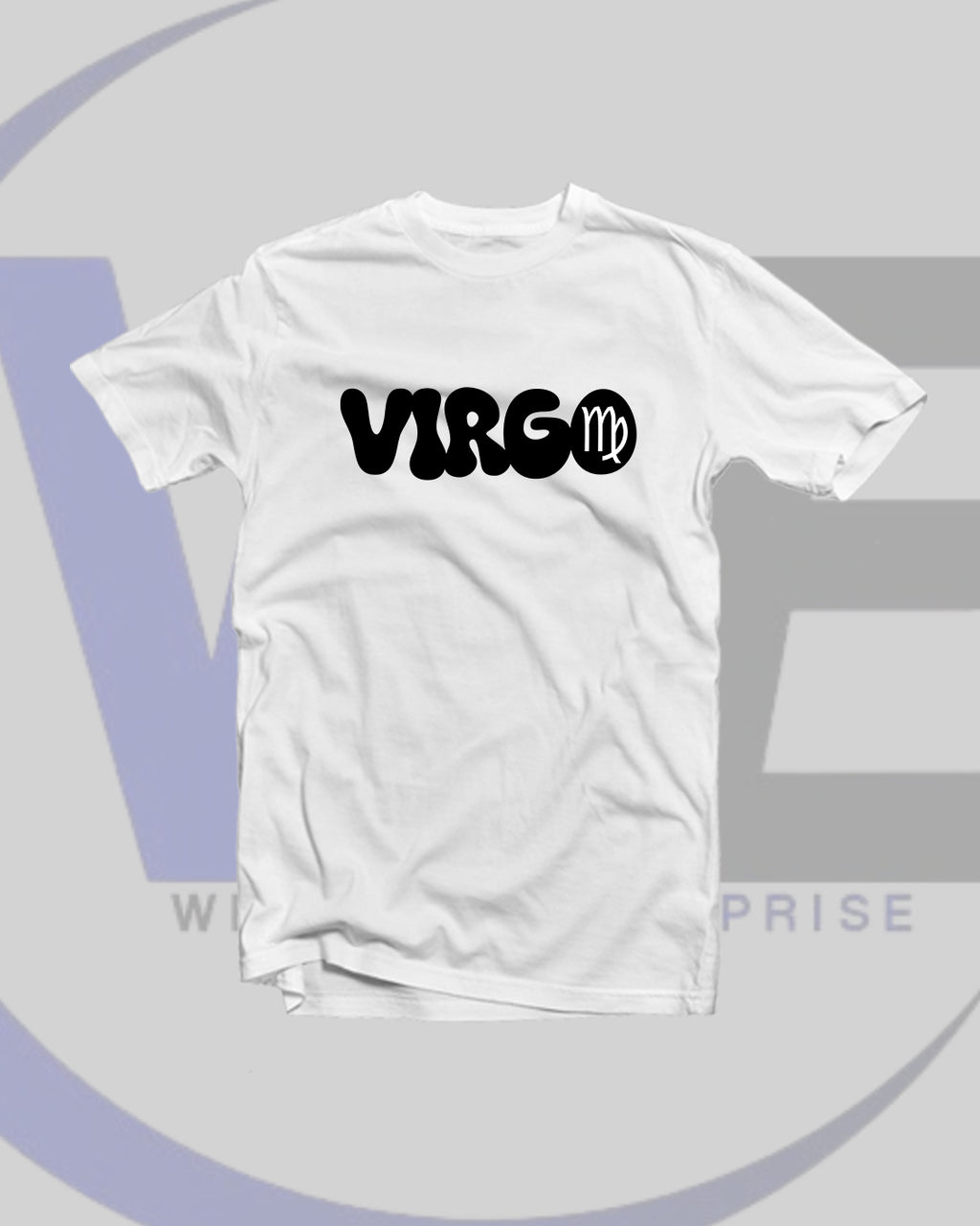 White t-shirt with 'VIRGO' text and zodiac symbol on a light gray background