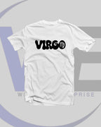 White t-shirt with 'VIRGO' text and zodiac symbol on a light gray background