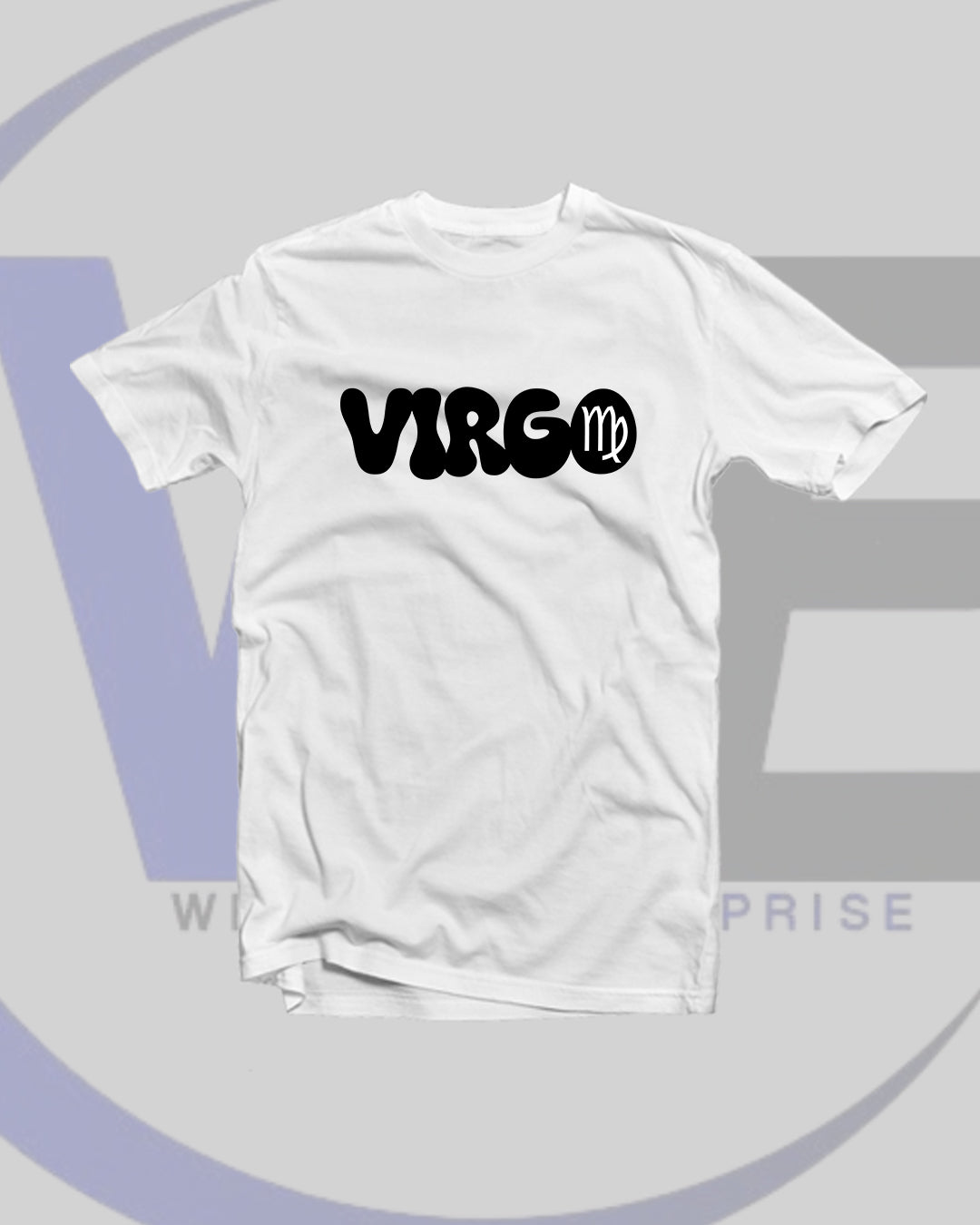 White t-shirt with 'VIRGO' text and zodiac symbol on a light gray background