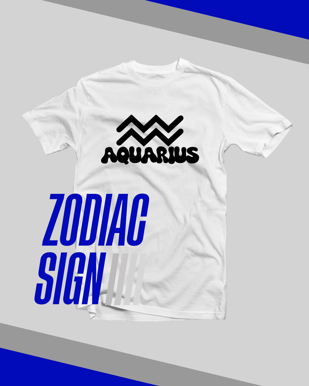 White t-shirt with Aquarius zodiac sign design on a gray background